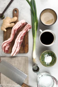 Chashu recept - ingredienser - fläsksida, sake, soja, socker, ingefära och salladslök - samt lite vatten
