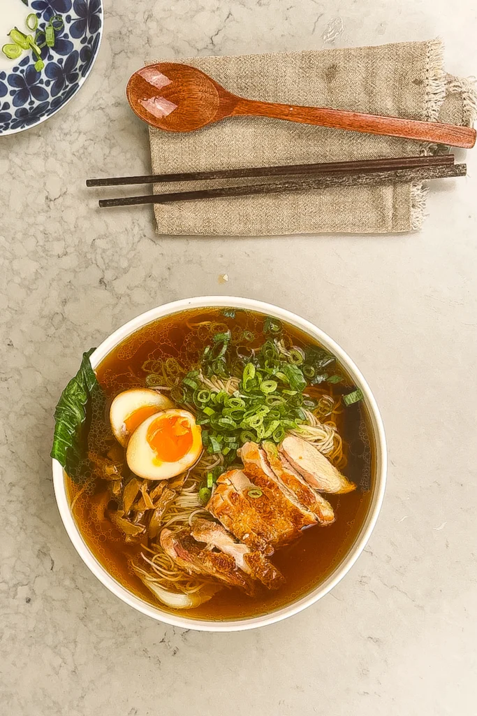 Toppa ramen med ägg, kyckling, menma och salladslök